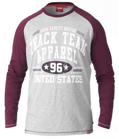 D555 KELTON Long Sleeve Raglan T-Shirt Grey/Burgundy - Kratke Majice - Moške kratke majice za močnejše postave