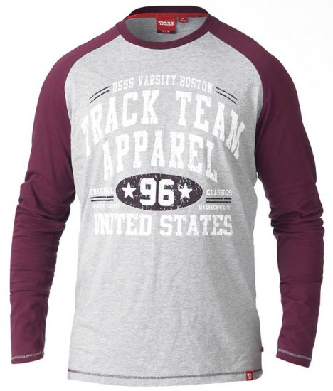 D555 KELTON Long Sleeve Raglan T-Shirt Grey/Burgundy - Kratke Majice - Moške kratke majice za močnejše postave
