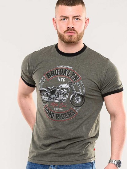 D555 Hereford Brooklyn Motorbike Printed Ringer T-Shirt Khaki - Kratke Majice - Moške kratke majice za močnejše postave