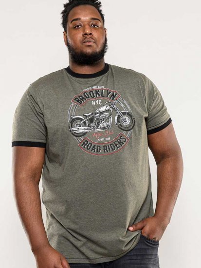 D555 Hereford Brooklyn Motorbike Printed Ringer T-Shirt Khaki - Kratke Majice - Moške kratke majice za močnejše postave