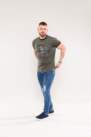 D555 Hereford Brooklyn Motorbike Printed Ringer T-Shirt Khaki - Kratke Majice - Moške kratke majice za močnejše postave