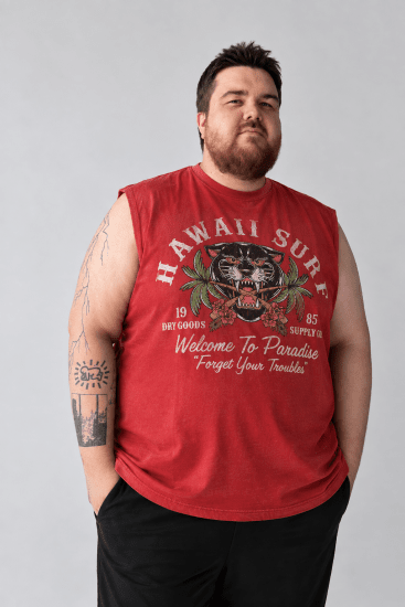 Kam Jeans 5763 Hawaii Surf Vest Sleeveless T-Shirt Washed Red - Kratke Majice - Moške kratke majice za močnejše postave