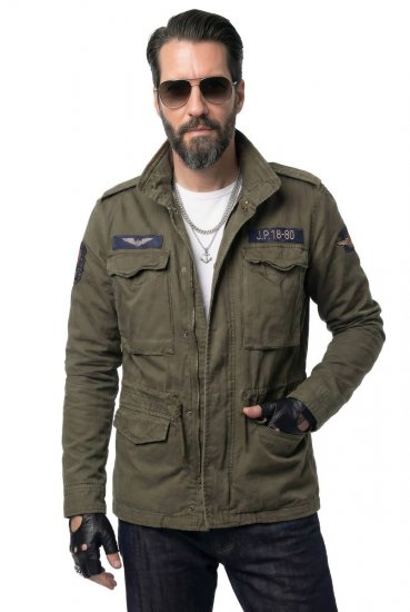 JP1880 Field Jacket with Badges Vintage Look TALL Moss Green - TALL jakne - TALL jakne za visoke moške