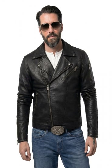JP1880 830586 Biker jakna iz jagnječje nape Črna - Jakne - Moške bunde za Močnejše Postave