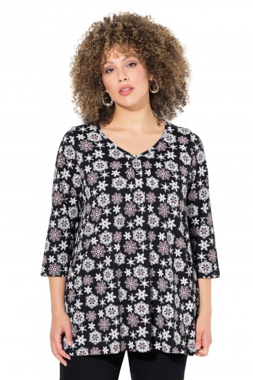 Ulla Popken Snowflake Print 3/4 Sleeve A-Line Tee Black - Natisnjene majice za ženske - 