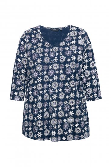 Ulla Popken Snowflake Print 3/4 Sleeve A-Line Tee Navy - Natisnjene majice za ženske - 