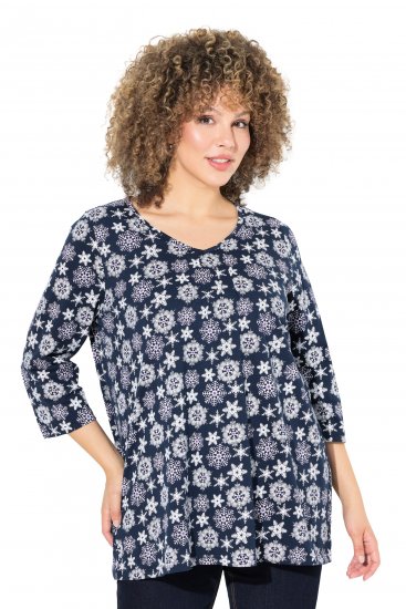 Ulla Popken Snowflake Print 3/4 Sleeve A-Line Tee Navy - Natisnjene majice za ženske - 