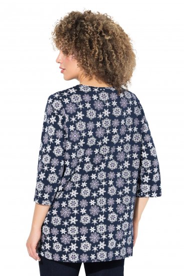 Ulla Popken Snowflake Print 3/4 Sleeve A-Line Tee Navy - Natisnjene majice za ženske - 