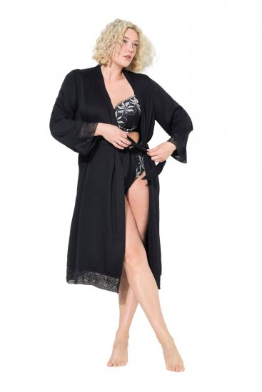 Ulla Popken 834837 Kimono kopalni plašč s čipko Črna - Halje & kopalni plašči - 