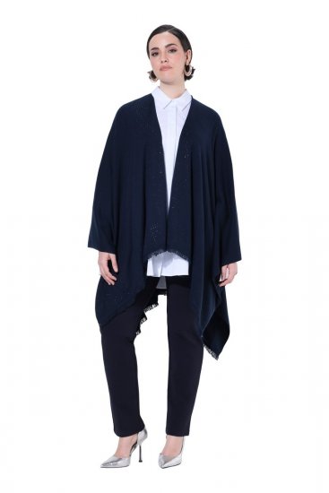 Ulla Popken 841117 Pleten oversize pončo s kristalčki Temno modra - Ponči in pelerine - 