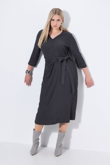 Ulla Popken 843595 Ovita obleka s 3/4 rokavi Siva melange - Midi obleke - Ženske midi obleke večjih velikosti