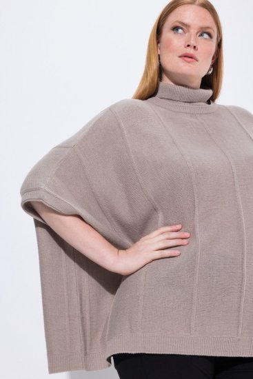 Ulla Popken 844996 Rebrast merino pončo z visokim ovratnikom Svetlo rjava - Ponči in pelerine - 