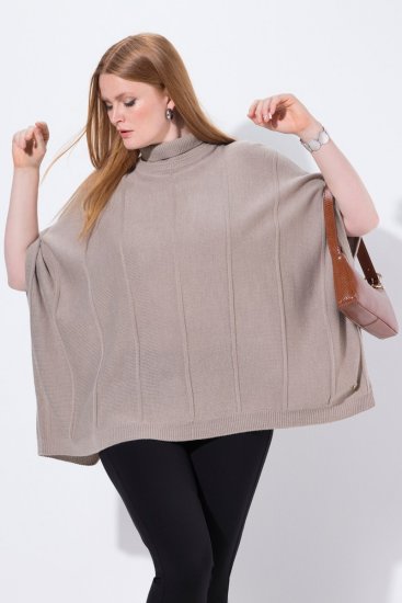 Ulla Popken 844996 Rebrast merino pončo z visokim ovratnikom Svetlo rjava - Ponči in pelerine - 
