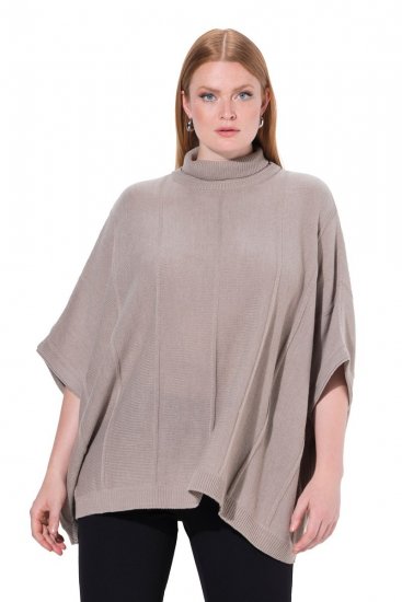 Ulla Popken 844996 Rebrast merino pončo z visokim ovratnikom Svetlo rjava - Ponči in pelerine - 