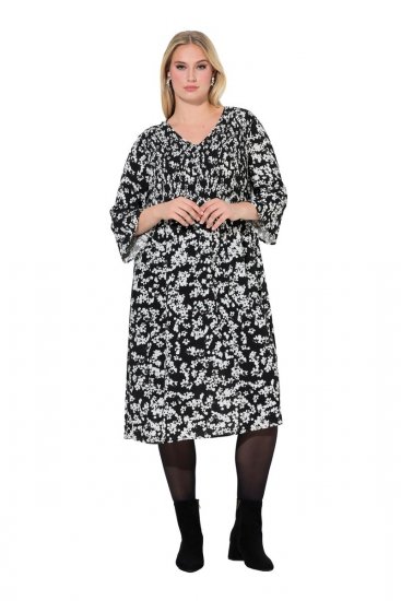 Ulla Popken 845825 Cvetlična midi obleka s 3/4 rokavi Črna - Midi obleke - Ženske midi obleke večjih velikosti
