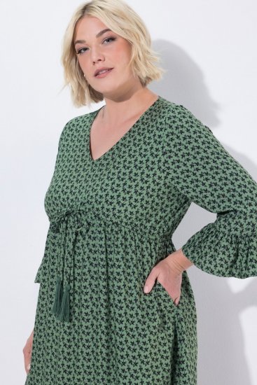 Ulla Popken 847798 Midi obleka A-kroja z V-izrezom Temno zelena - Midi obleke - Ženske midi obleke večjih velikosti