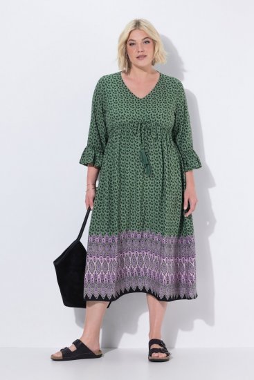 Ulla Popken 847798 Midi obleka A-kroja z V-izrezom Temno zelena - Midi obleke - Ženske midi obleke večjih velikosti
