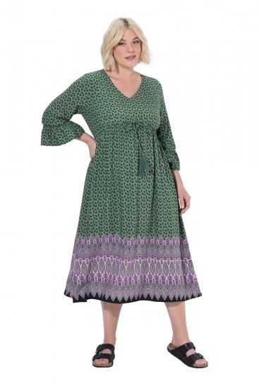 Ulla Popken 847798 Midi obleka A-kroja z V-izrezom Temno zelena - Midi obleke - Ženske midi obleke večjih velikosti