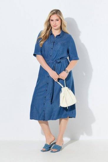 Ulla Popken 848491 Srajčna obleka Denim modra - Midi obleke - Ženske midi obleke večjih velikosti