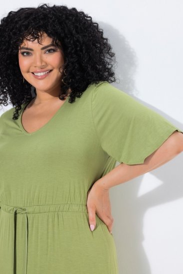 Ulla Popken 848829 Midi obleka s kratkimi rokavi z vrvico Svetlo zelena - Midi obleke - Ženske midi obleke večjih velikosti