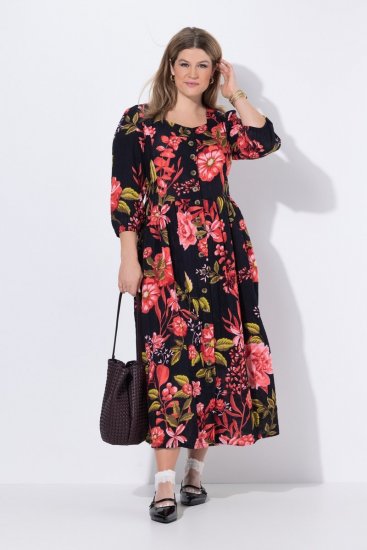 Ulla Popken 849593 Cvetlična srajčna obleka Temno modra - Maxi obleke - Ženske maksi obleke velike številke