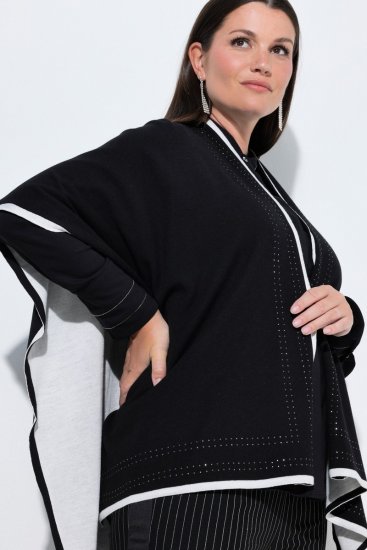 Ulla Popken 851127 Odprt pleten pončo z obrobo iz kristalčkov Črna - Ponči in pelerine - 