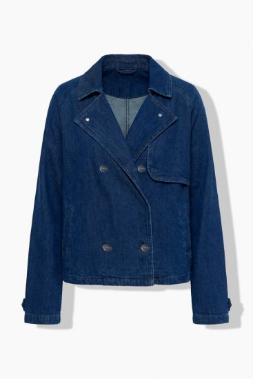 Ulla Popken 852266 Dvovrstna jeans jakna v slogu trenčkota Denim modra - Jakne - Jakne za ženske v velikih številkah