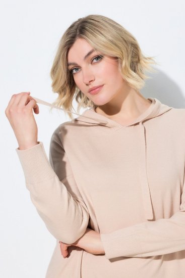 Ulla Popken 853669 Pletena obleka z dolgimi rokavi s kapuco Bež - Midi obleke - Ženske midi obleke večjih velikosti