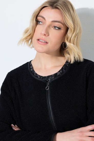 Ulla Popken 853685 Kratka plišasta jakna z obrobo z videzom usnja Črna - Jakne - Jakne za ženske v velikih številkah