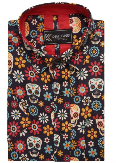 Kam Jeans 6040 Floral Skull Print Shirt Black - Srajce - Moške srajce za Močnejše Postave