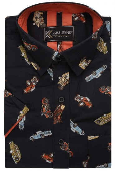Kam Jeans 6046 Vintage Car Digital Print Shirt Black - Srajce - Moške srajce za Močnejše Postave