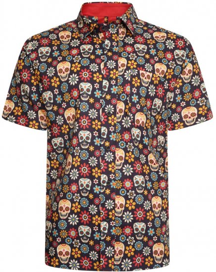 Kam Jeans 6040 Floral Skull Print Shirt Black - Srajce - Moške srajce za Močnejše Postave
