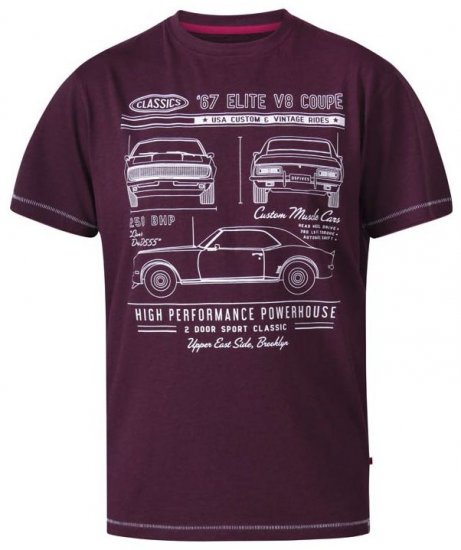 D555 Brady Classic Cars Crew Neck T-Shirt Burgundy - Kratke Majice - Moške kratke majice za močnejše postave