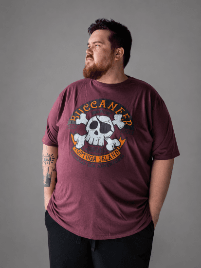 Kam Jeans 5753 Buccaneer Print T-Shirt BURGUNDY MARL - Kratke Majice - Moške kratke majice za močnejše postave