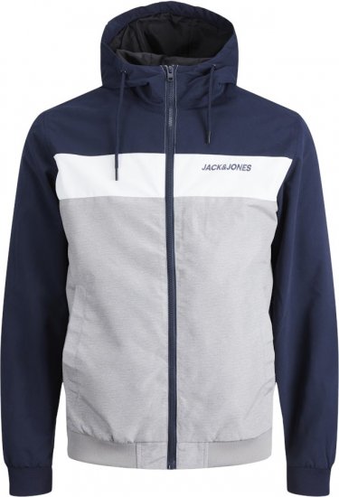 Jack & Jones RUSH White/Grey Blocking Bomber Jacket with Hood Navy Blazer - Jakne - Moške bunde za Močnejše Postave