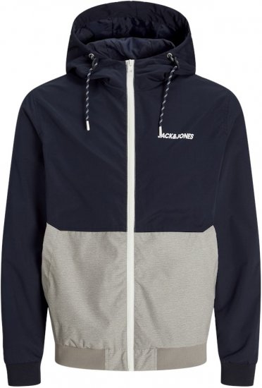 Jack & Jones RUSH White/Grey Blocking Bomber Jacket with Hood Dark Blue - Jakne - Moške bunde za Močnejše Postave
