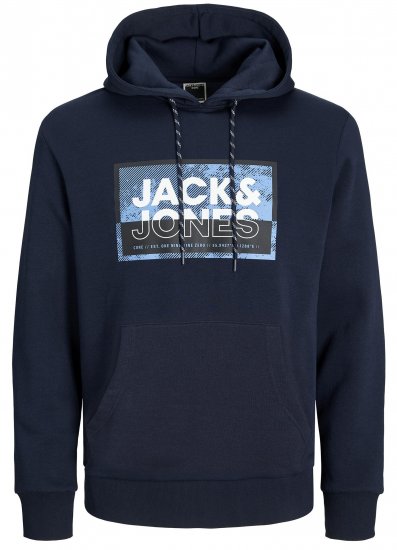 Jack & Jones JCOLOGAN SS24 PRINT Hoodie Navy Blazer - Puloverji & jopice - Moški Puloverji & Jopice za Močnejše Postave