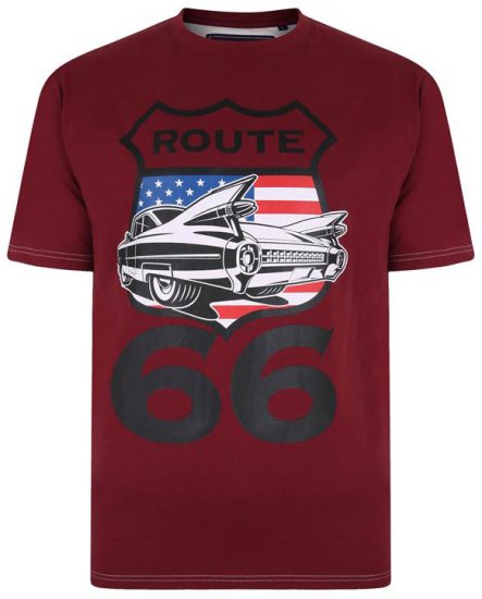 Kam Jeans Route 66 Print T-shirt Burgundy - Kratke Majice - Moške kratke majice za močnejše postave