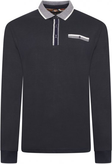 Kam Jeans 5509 LS Jersey Polo with Jacquard Pattern on Collar/Cuffs Navy - Polo majice - Moške Polo Majice za Močnejše Postave