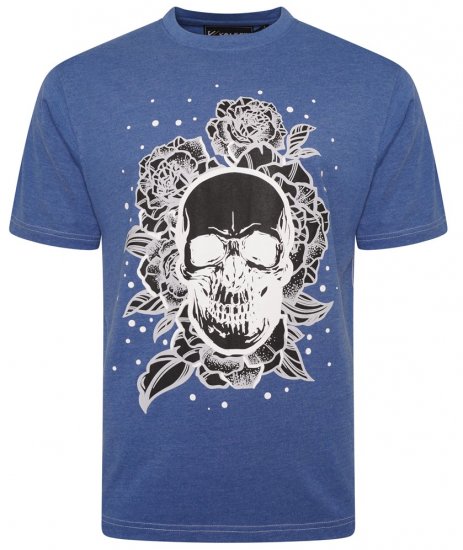 Kam Jeans 5704 Skull Rose Print Tee Blue Marl - Kratke Majice - Moške kratke majice za močnejše postave