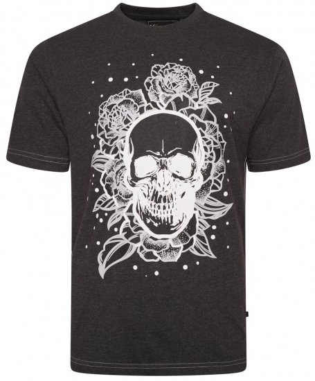 Kam Jeans 5704 Skull Rose Print Tee Charcoal - Kratke Majice - Moške kratke majice za močnejše postave