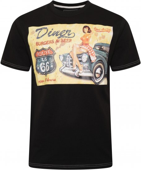 Kam Jeans 5751 Distressed Diners Print T-Shirt Black - Kratke Majice - Moške kratke majice za močnejše postave