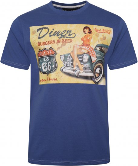 Kam Jeans 5751 Distressed Diners Print T-Shirt Blue - Kratke Majice - Moške kratke majice za močnejše postave
