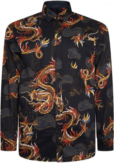 Kam Jeans 6057 LS Dragon Print Shirt Black - Srajce - Moške srajce za Močnejše Postave