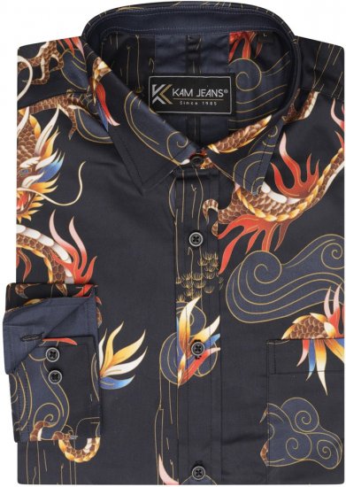 Kam Jeans 6057 LS Dragon Print Shirt Black - Srajce - Moške srajce za Močnejše Postave