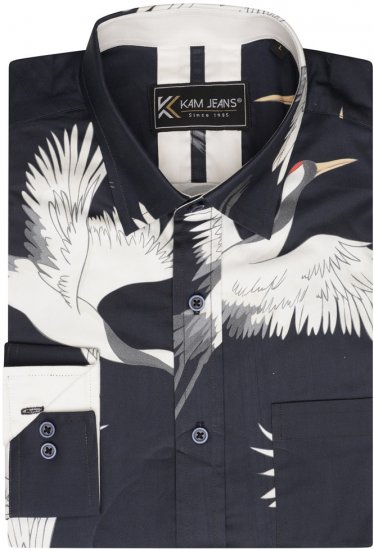 Kam Jeans 6059 LS Bird Print Shirt Navy - Srajce - Moške srajce za Močnejše Postave