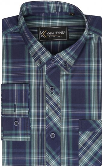 Kam Jeans 6301 LS Casual Check Shirt Teal - Srajce - Moške srajce za Močnejše Postave