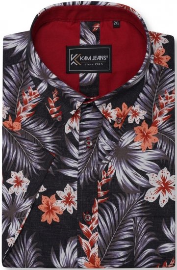 Kam Jeans 6330 AOP Floral Print Short Sleeve Shirt Navy - Srajce - Moške srajce za Močnejše Postave
