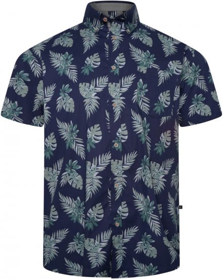 Kam Jeans 6331 AOP Leaf Print Short Sleeve Shirt Navy - Srajce - Moške srajce za Močnejše Postave