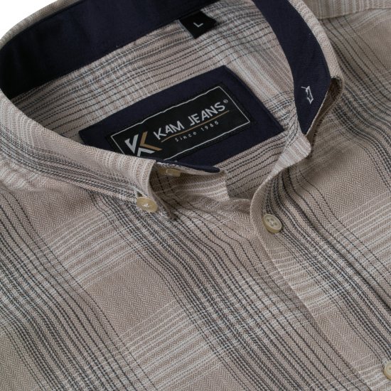 Kam Jeans 6382 Teksturirana karirasta srajca s kratkimi rokavi bež - Srajce - Moške srajce za Močnejše Postave